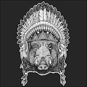 Aper, boar, hog, wild boar Cool animal wearing native american indian headdress with feathers Boho chic style Hand drawn