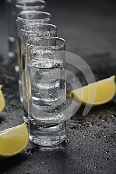 Aperitif with friends in the bar,  glasses of alcohol with lime  for decoration