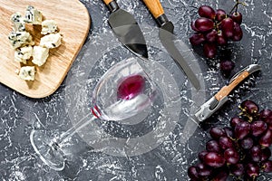 Aperitive parmesan cheese, cheese with blue mould and red grape on grey stone table background top view