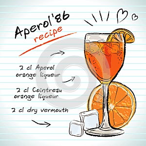 Aperol 86 cocktail, vector sketch hand drawn illustration, fresh summer alcoholic drink with recipe and fruits