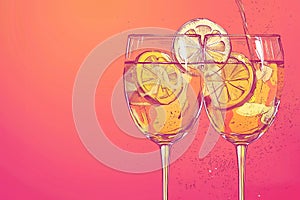 Aperol cocktail on pink background. fluorescent colors