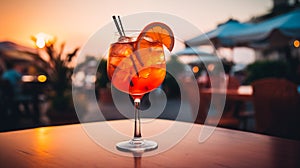 Aperol spritz cocktail in glass on wooden table on the table in restaurant. Generative AI Illustration