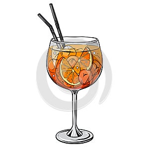 Aperol spritz cocktail, hand drawn alcohol drink with orange slice and ice. Vector illustration