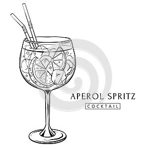 Aperol spritz cocktail, hand drawn alcohol drink with orange slice and ice. Vector illustration photo