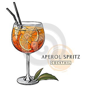 Aperol spritz cocktail, hand drawn alcohol drink with orange slice and ice. Vector illustration