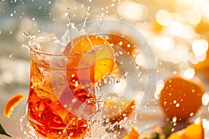 Aperol spritz cocktail with liquid splashes and orange slices flying in the air