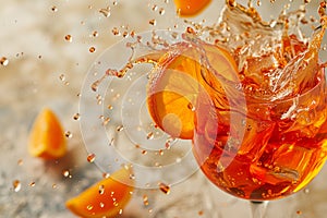 Aperol spritz cocktail with liquid splashes and orange slices flying in the air