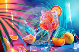 Aperol Spritz Cocktail on Neon Background, Tropical Mocktail, Beach Party Aperol Spritz Coctail