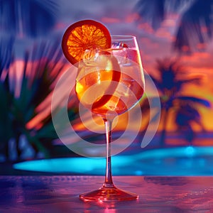 Aperol Spritz Cocktail on Neon Background, Tropical Mocktail, Beach Party Aperol Spritz Coctail