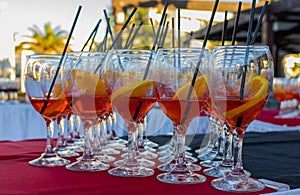 Aperol Spritz cocktails served as an aperitiv of a professional dinner.