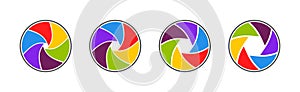 Aperture, camera and shutter icons. Logo of lens for photography. Color circles for photo. Modern rainbow wheels for studio.