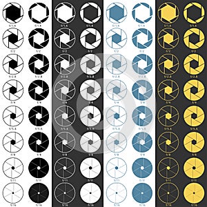 Aperture range icons set