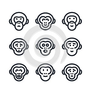 Apes, monkey, chimp linear icons over white