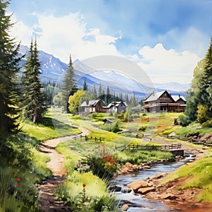 Apgar Village Watercolor Landscape: Captivating Mountain Valley In Hyper-realistic Style