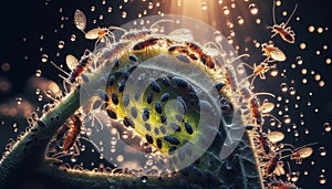 Aphids feeding under leaf with dewdrops and dramatic details in 8k resolution photo
