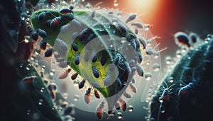 Aphids feeding under leaf with dewdrops and dramatic details in 8k resolution photo