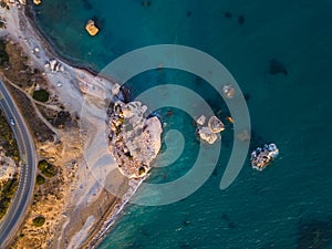 Aphrodite rock at sunset on Paphos Cyprus - aerial view photo