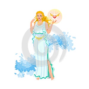 Aphrodite Venus, Cytherea, Cypris, Greek love and beauty goddess, in white peplos and magic belt, with shiny winged heart, sea f