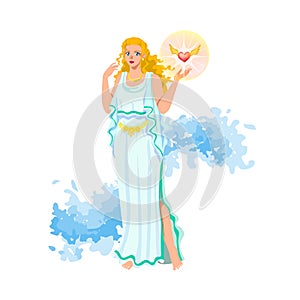 Aphrodite Venus, Cytherea, Cypris, Greek love and beauty goddess, in white peplos and magic belt, with shiny winged heart, sea f photo