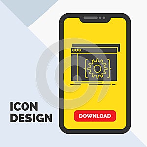 Api, app, coding, developer, software Glyph Icon in Mobile for Download Page. Yellow Background