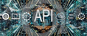 API - application programming interface concept with abstract night cityscape