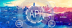 API - application programming interface concept API concept with the Bay Bridge in San Francisco