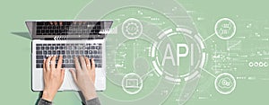 API - application programming interface concept API concept with person using laptop computer