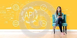 API - application programming interface concept API concept with young woman