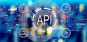 API - application programming interface concept with big city lights