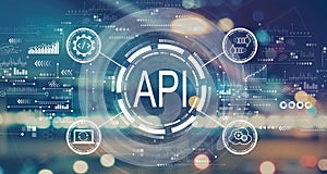 API - application programming interface concept with blurred city lights