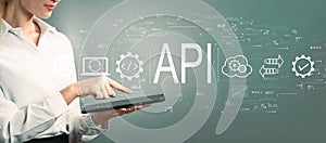 API - application programming interface concept with business woman using a tablet