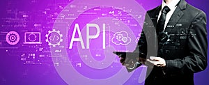 API - application programming interface concept with businessman using his tablet