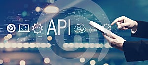 API - application programming interface concept with businessman using a tablet