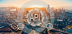 API - application programming interface concept with downtown San Francisco