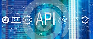 API - application programming interface concept with downtown skyline