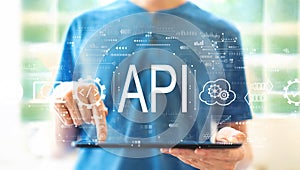 API - application programming interface concept with man using a tablet