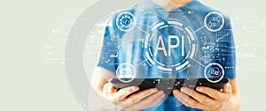 API - application programming interface concept with man using a tablet