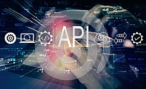 API - application programming interface concept with man using tablet