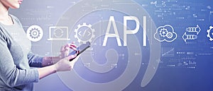 API - application programming interface concept with woman using a tablet