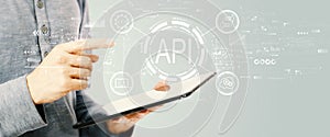 API - application programming interface concept with young man holding a tablet