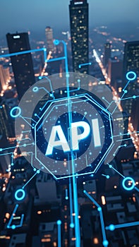 API, Application Programming Interface icon concept. Software development tool, City background