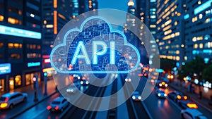 API, Application Programming Interface icon concept. Software development tool, City background