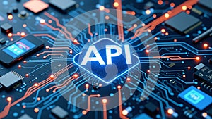 API, Application Programming Interface icon concept. Software development tool, City background