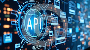 API, Application Programming Interface icon concept. Software development tool, City background