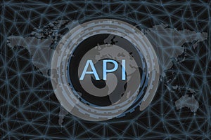 API - Application Programming Interface. Software development tool. API  inscription on a dark background and a world map