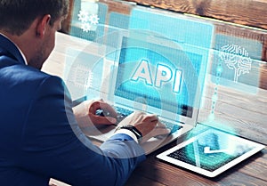 API - Application Programming Interface. Software development tool. Business, modern technology, internet and networking concept