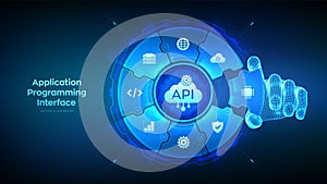 API. Application Programming Interface. Software development tool, cloud computing technology concept. Wireframe hand places an