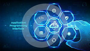 API. Application Programming Interface. Software development tool, cloud computing technology concept. Wireframe hand places an