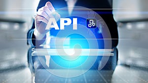 API - Application Programming Interface, software development tool, information technology and business concept.