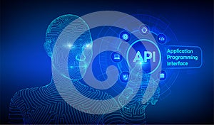 API. Application Programming Interface, software development tool, information technology and business concept on virtual screen.